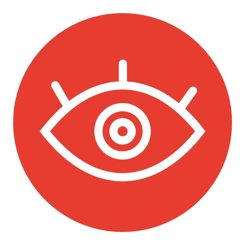 Red circle logo with an eye