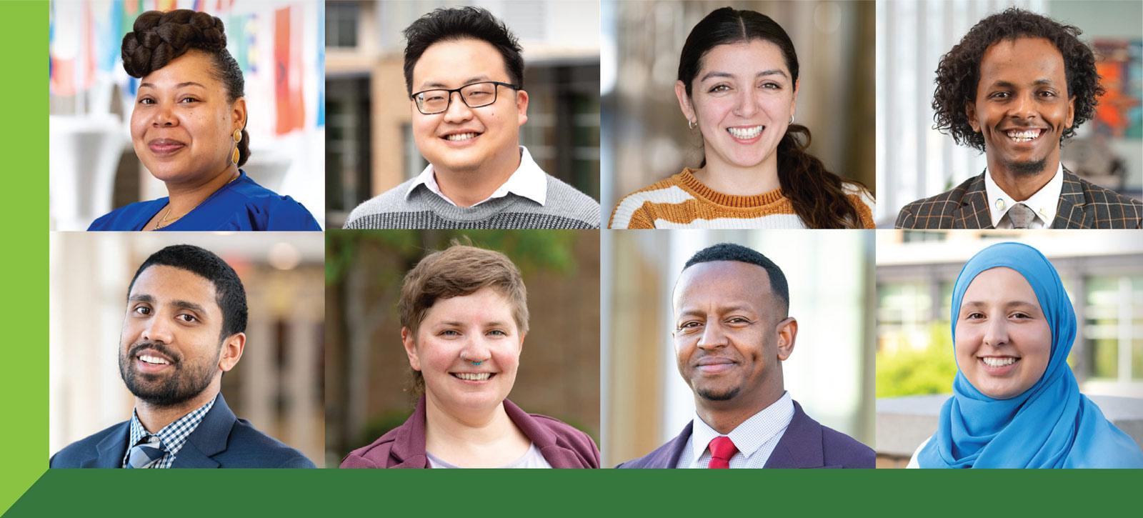eight student portraits with a green border