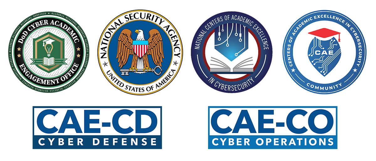 Seals of the DoD Cyber Academic Engagement Office, National Security Agency, National Centers of Academic Excellence in Cybersecurity, and the Centers of Academic Excellence in Cybersecurity Community, with the CAE-CD and CAE-CO cyber defense and cyber operations submarks