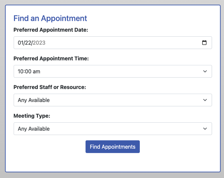 Image of the Find Appointment window, showing Preferred Appointment Date, Preferred Appointment Time, Preferred Staff or Resource, and Meeting Type fields
