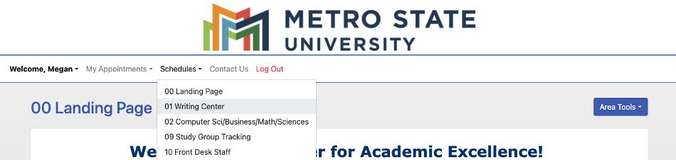 Image of Tutoring Center drop down showing navigation to Schedule and Writing Center