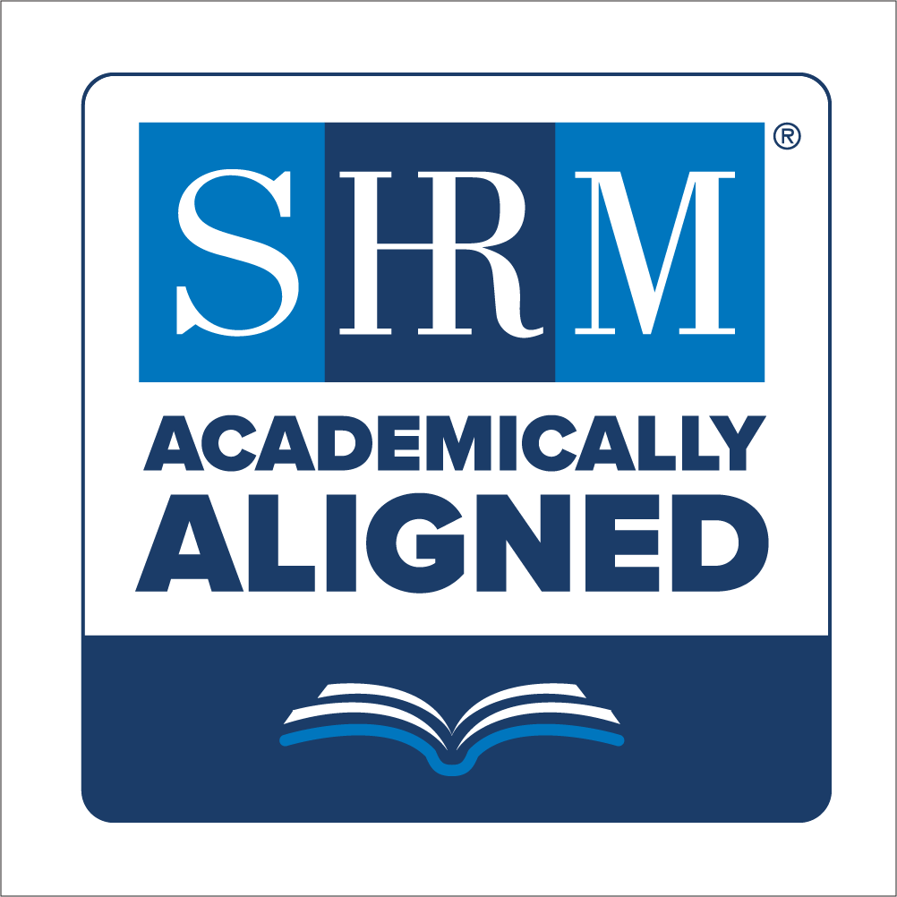 SHRM Academically Aligned badge, with an illustration of an open book against a nave backdrop