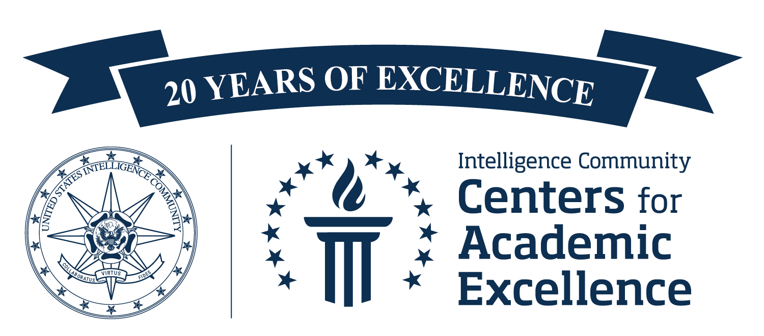 Logo for Intelligence Community Centers for Academic Excellence, featuring the United States Intelligence Community seal, a torch-and-column emblem, and a banner reading ‘20 Years of Excellence.