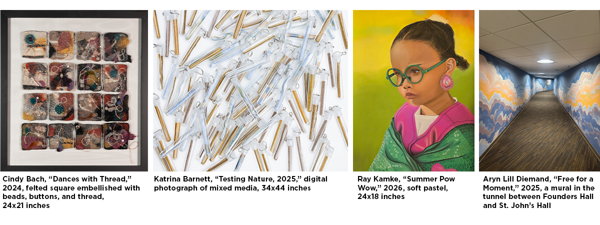 Four artworks: a textile block of squares, a photograph of colorful glass tubes, a pastel portrait, and part of a mural