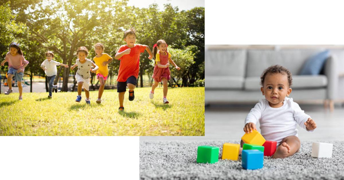 a group of children running in a park, and a toddler playing with blocks on a carpet
