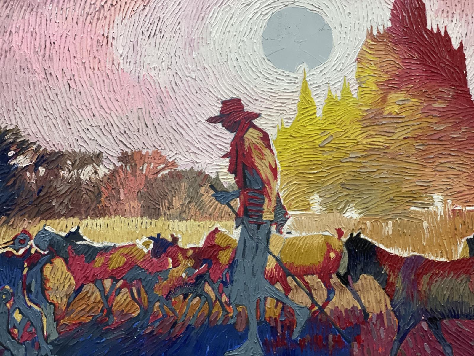 painting of a person in a field with a building and hills behind