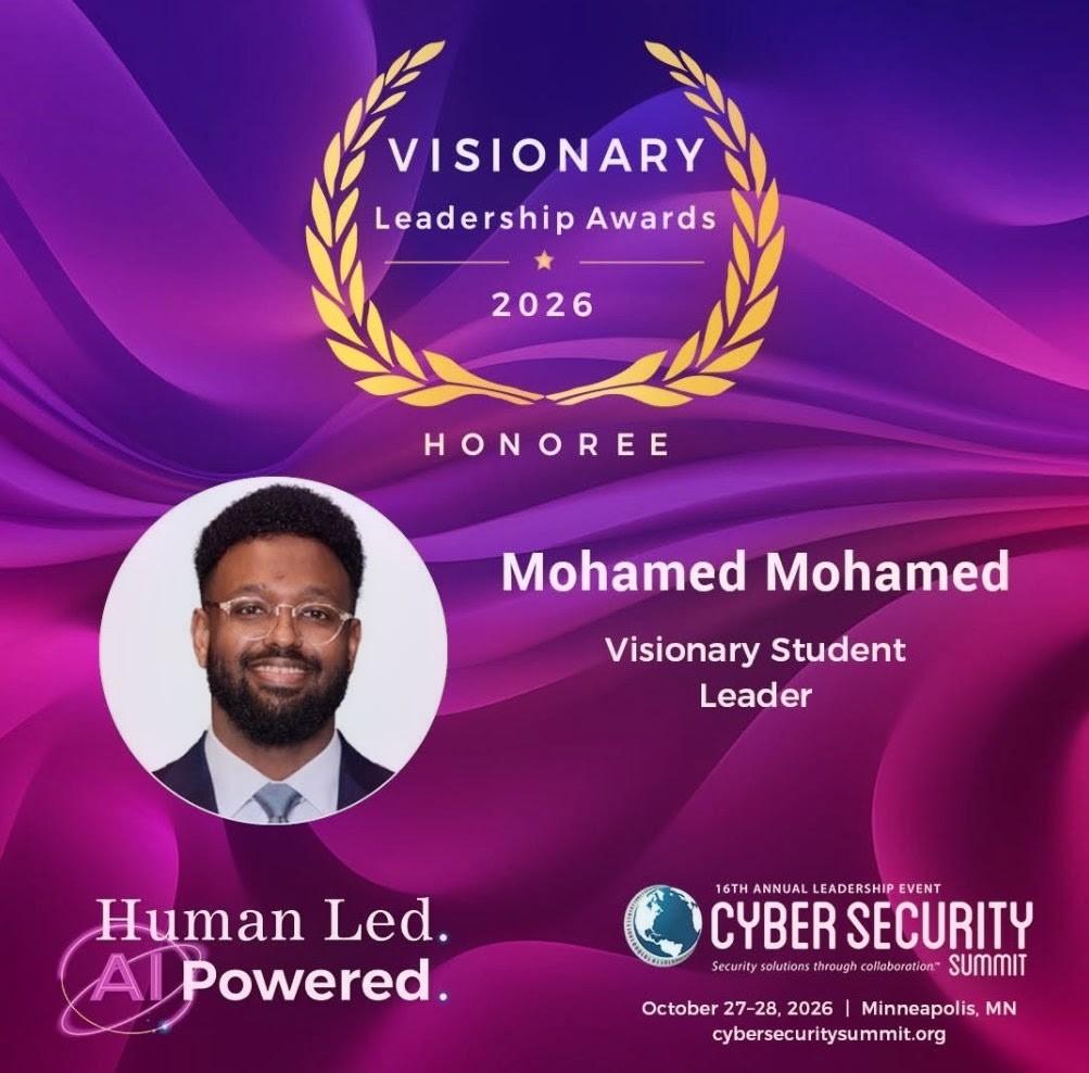 a portrait of a person in suit and tie wearing spectacles, an illustrated gold wreath with Visionary Leadership awards 2026 Honoree, Mohamed A. Mohamed Visionary Student Leader 16th annual Cybersecurity summit