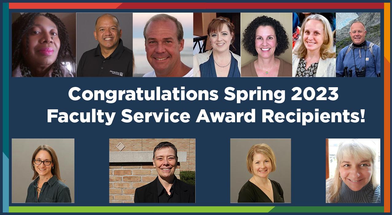 a row of portraits of people, above "Congratulations Spring 2023 Faculty Service Award Recipients!" above another row of portraits, on a dark blue background with a rainbow border