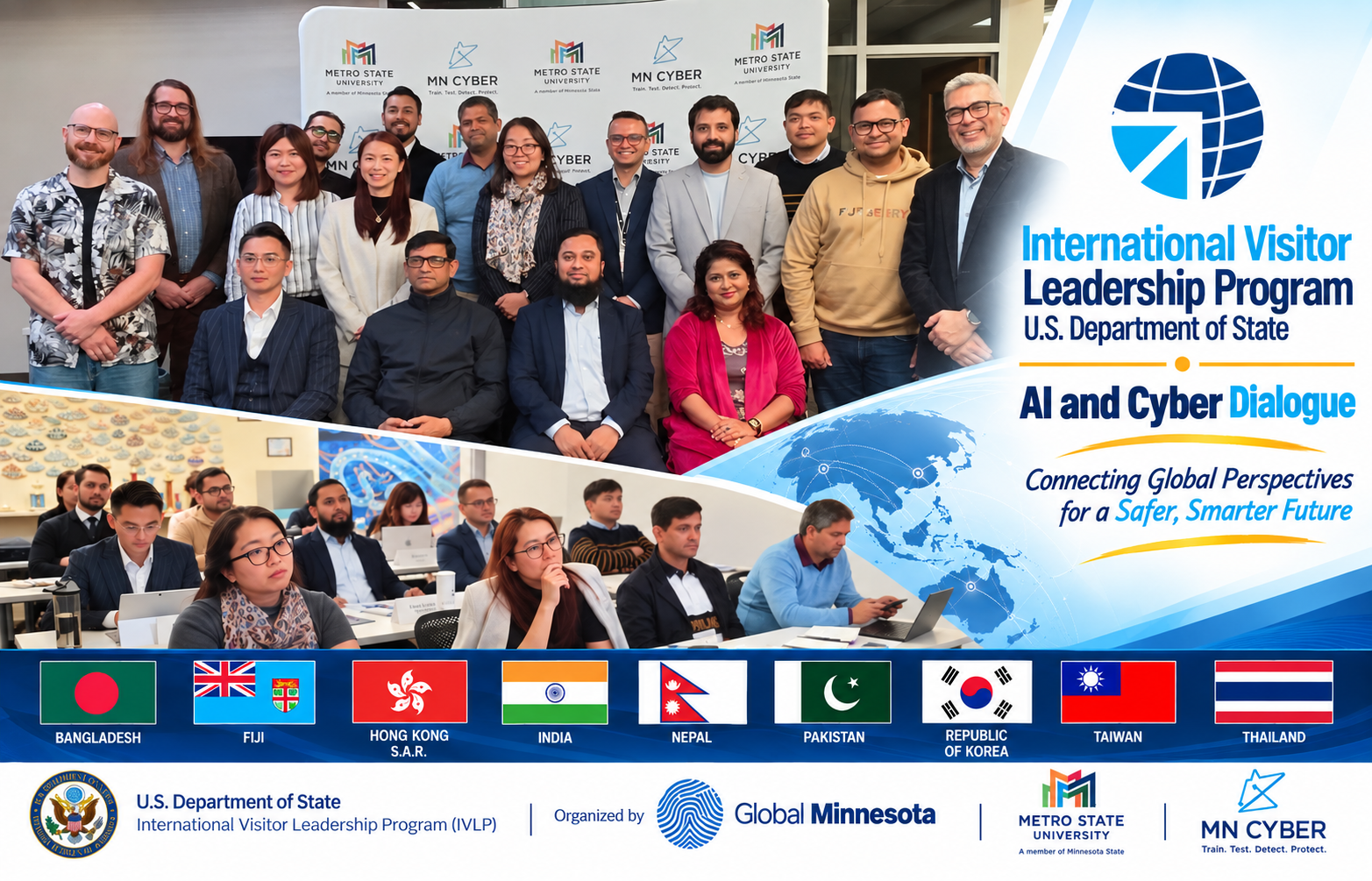 Collage of a group photo and classroom photo along with logo and title of International Visitor Leadership Program