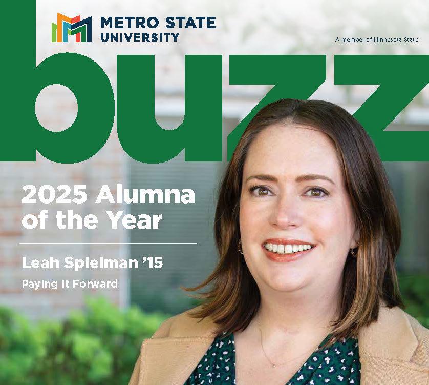 Metro State University buzz magazine cover, with Leah Spielman posing for a portrait as the 2025 Alumna of the Year