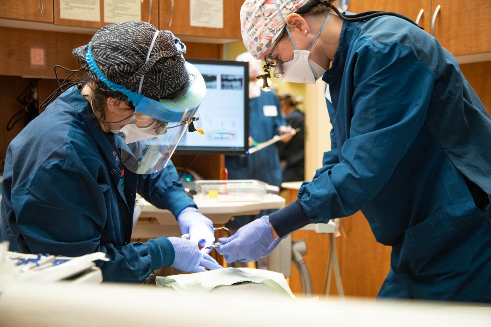 Two dental therapy students in protective gear work on a patient