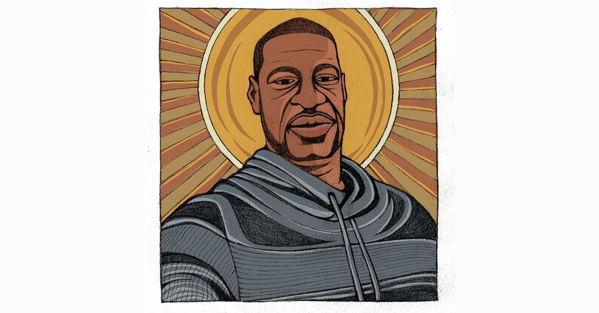 An illustration of black man wearing a gray and black hoodie looks directly at the viewer. He stands in front of radiant light.