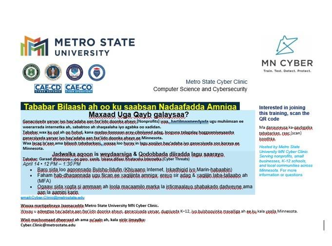 A Somali-language flyer advertising Metro State Cyber Clinic's first-ever Somali Cybersecurity training