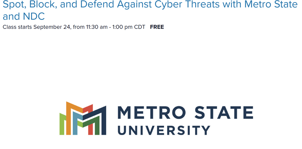 Screenshot of the title of the event on a white screen, and the Metro State logo
