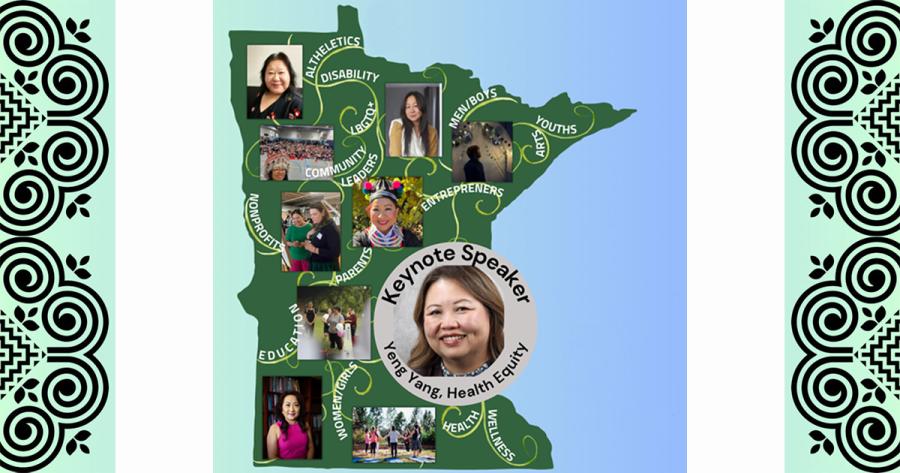 A shape of Minnesota with many faces and phrases inside it, bordered to the left and right by a decorative edging