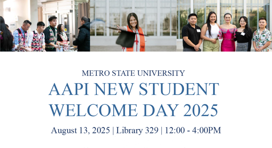 Three photos, with a group of students, a student tossing a mortarboard towards the camera, and another gathering of students above the words Metro State University AAPI New Student Welcome Day 2025 August 13, 2025, Library 329, 12–4 p.m.