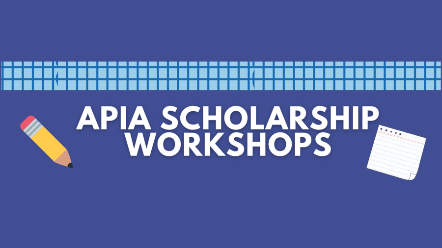 APIA Scholarship Workshops, with a pencil icon and notebook icon against a blue backdrop