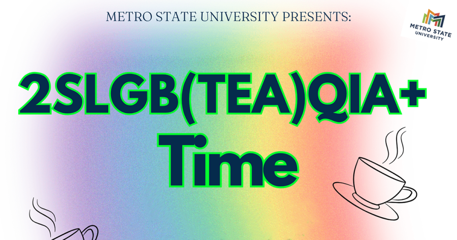 Metro State University presents: 2SLGB(Tea)QIA+ Time against a rainbow background