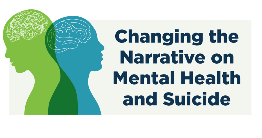 Image of blue and green profile silhouettes with stylized line drawings of brains, one orderly and one scribbled. Changing the Narrative on Mental Health and Suicide