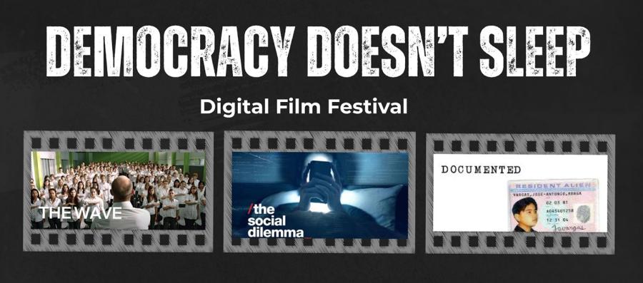Democracy Doesn't Sleep digital film festival, with stills from The Wave, The Social Dilemma, and Documented