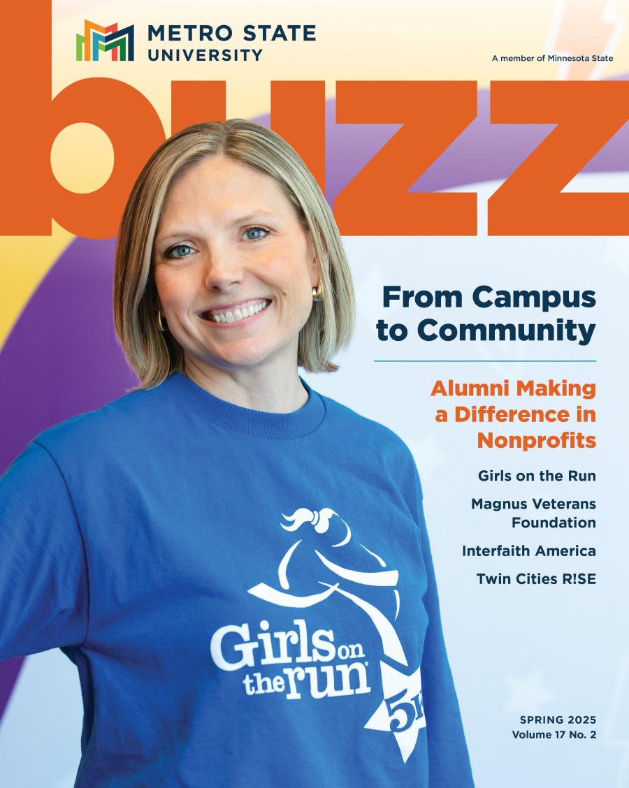 person in a blue Girls on the Run t-shirt on the cover of Metro State buzz magazine spring 2025 cover