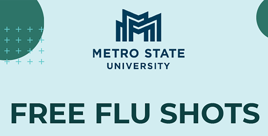 Metro State University logo on a light blue backdrop, over the words Free Flu Shots