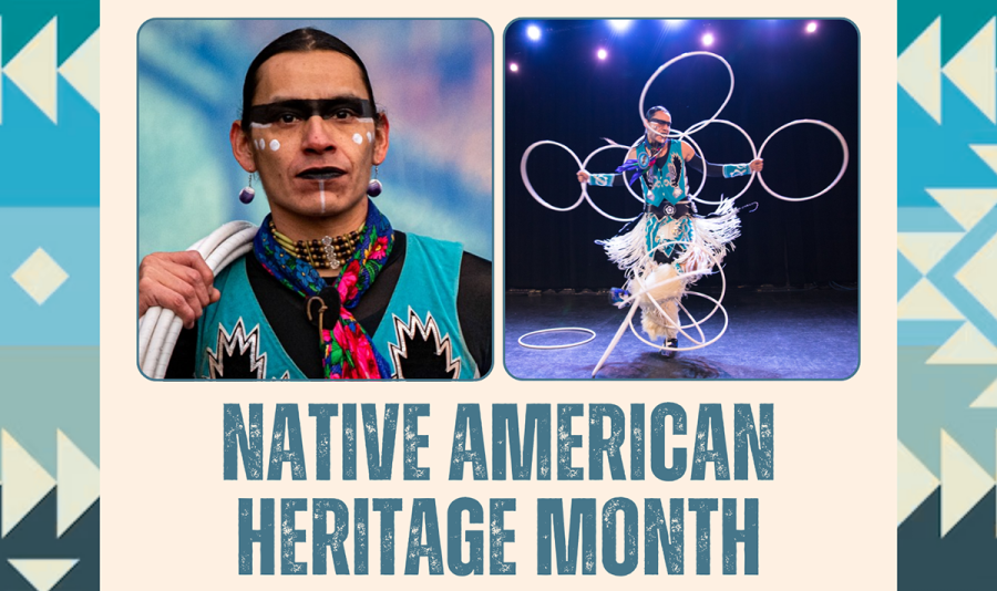 Native American Heritage Month, below two pictures of a Native American Hoop Dancer, one a portrait and the other of the performer in mid-dance