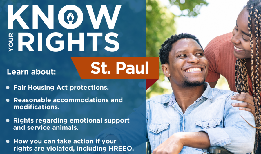Know you rights St. Paul, with a picture of a person in a wheelchair smiling at a person standing near them. 