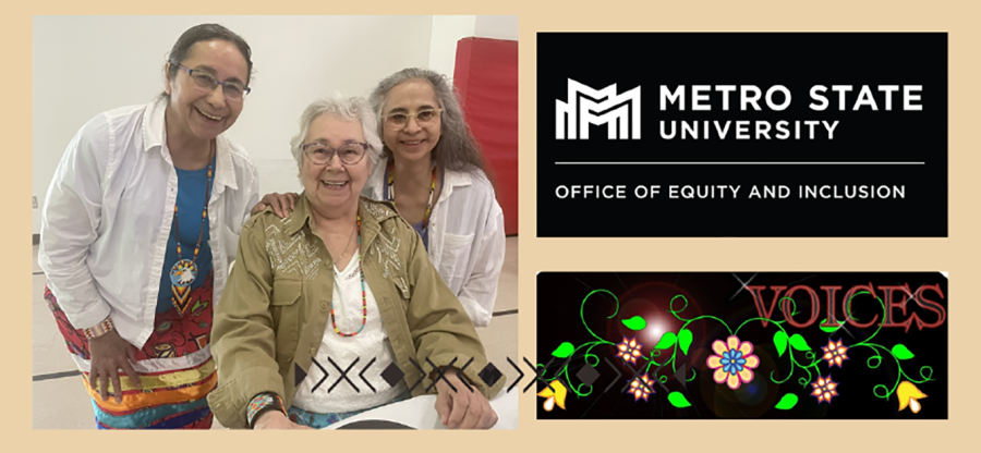 Three women pose for a portrait, next to the Metro State University logo and the VOICES logo