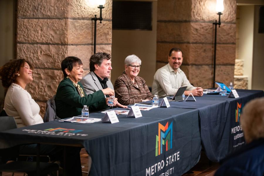 Breakfast at the Capitol 2025 Left to right: Sen. Clare Oumou Verbeten, Sen. Sandy Pappas ’86, Sen. Aric Putnam, President Ginny Arthur, and Sen. Eric Lucero ’01. 