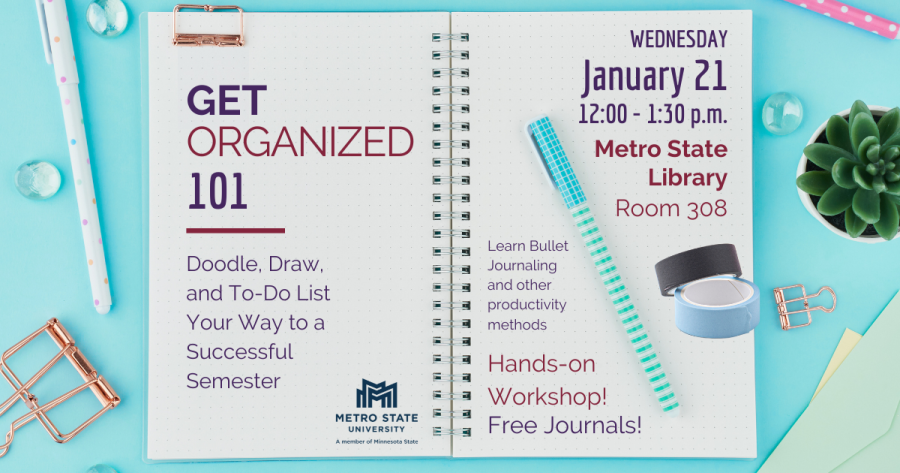 Get organized 101, with a a graphic of a notepad and pens, with clips, glass beads, a succulent, and envelopes