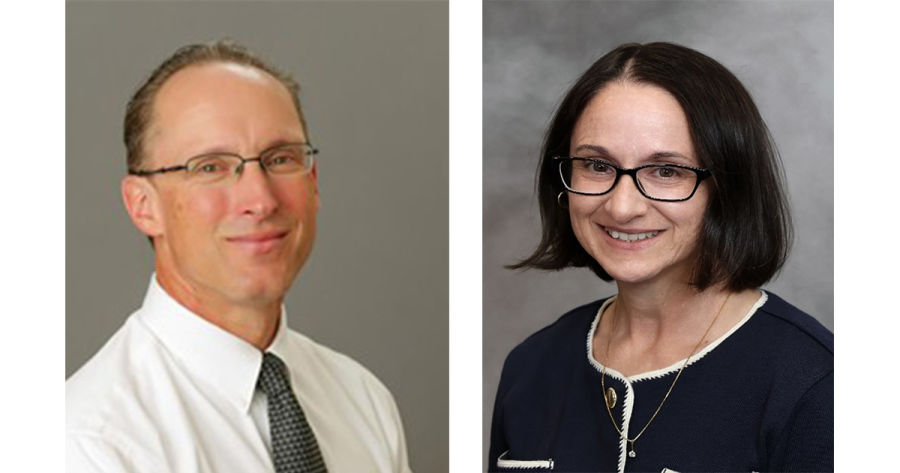 Two people pose for portraits placed side by side