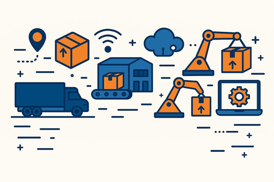 Blue and orange icons of cranes, trucks, and other pieces of supply chain tech