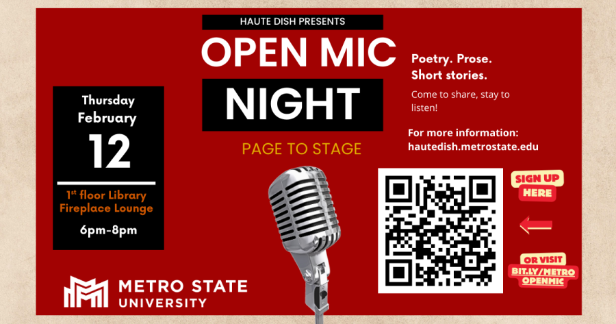 An old-style microphone against a red backdrop. Open Mic Night