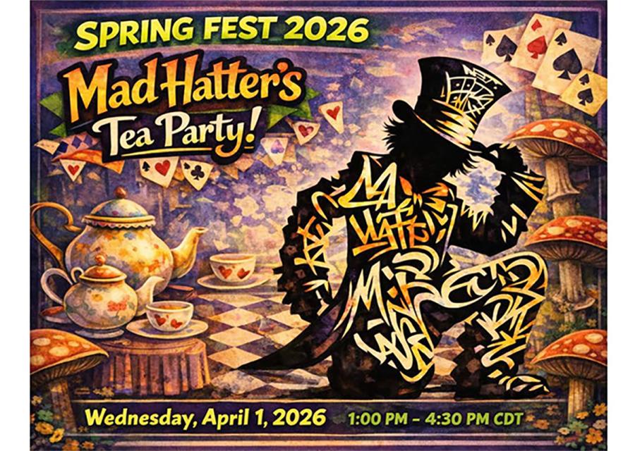 Spring Fest 2026 Mad Hatter's Tea Party! with a brightly colored image of a mad hatter in silhouette with playing cards, mushrooms and a tea set in the background