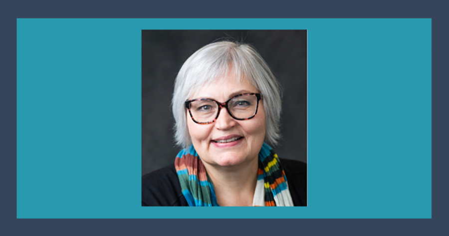 A teal rectangle with a person posing for a portrait inside of it