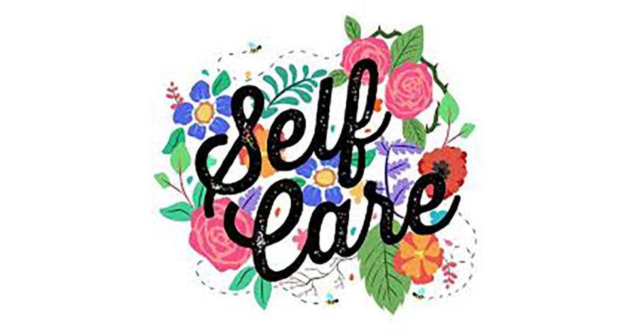 Self Care, written in script font, on top of an illustration of flowers