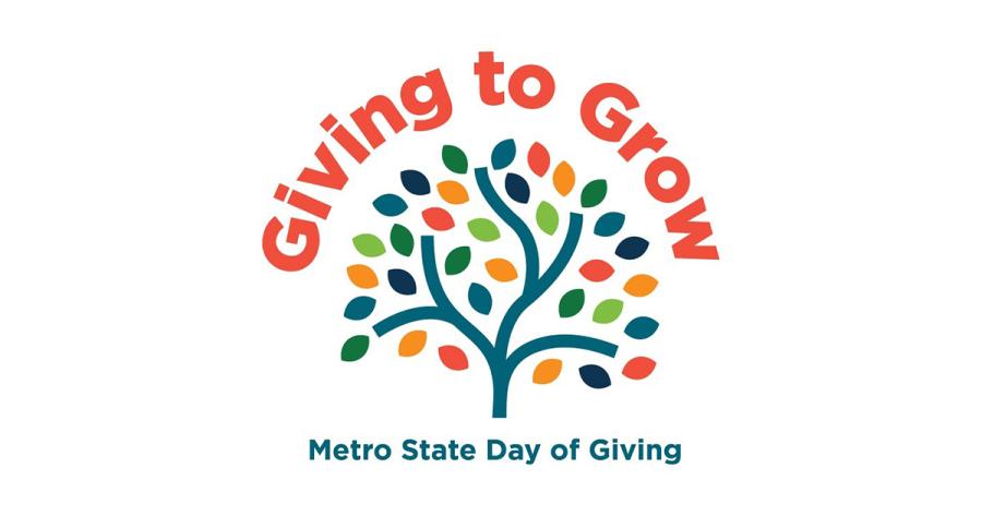 Giving to Grow, Metro State Day of Giving, March 26, with an illustration of a multicolored tree