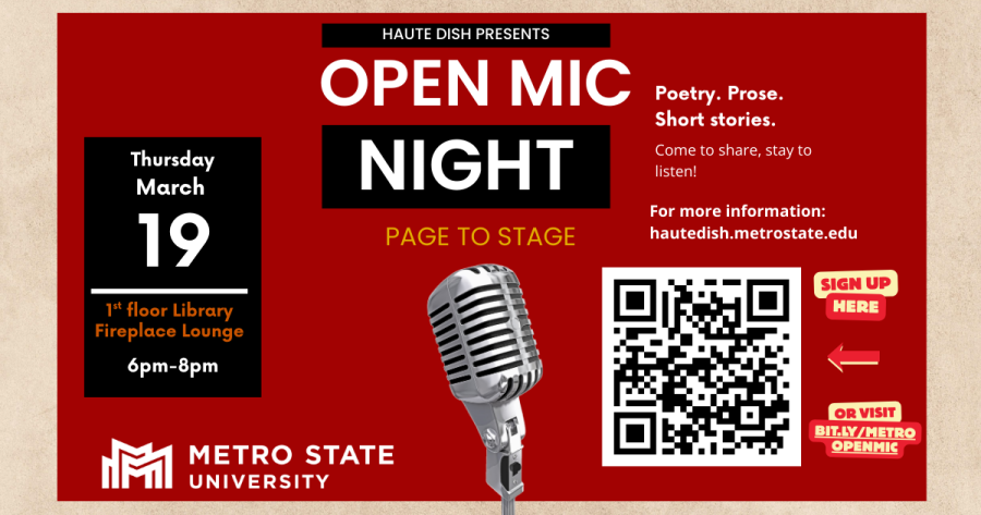 An old-style microphone against a red backdrop. Open Mic Night