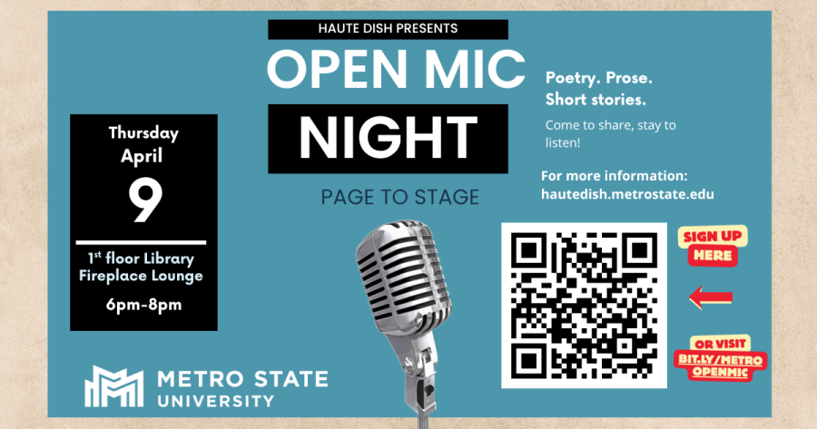 An old-style microphone against a red backdrop. Open Mic Night