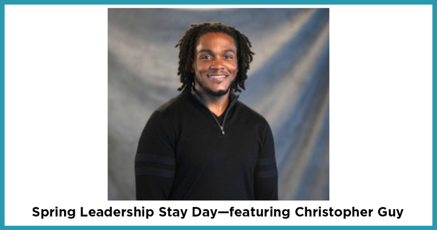 A teal box with a portrait of a person inside: Spring Leadership Stay Day featuring Christopher Guy