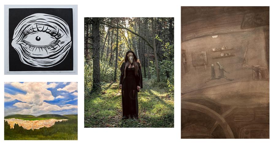 An illustration of an eye, a photo of a figure in the woods wearing a raven skull mask, two ghostly figures running in front of a building as seen from behind the wheel of a car, and a landscape painting