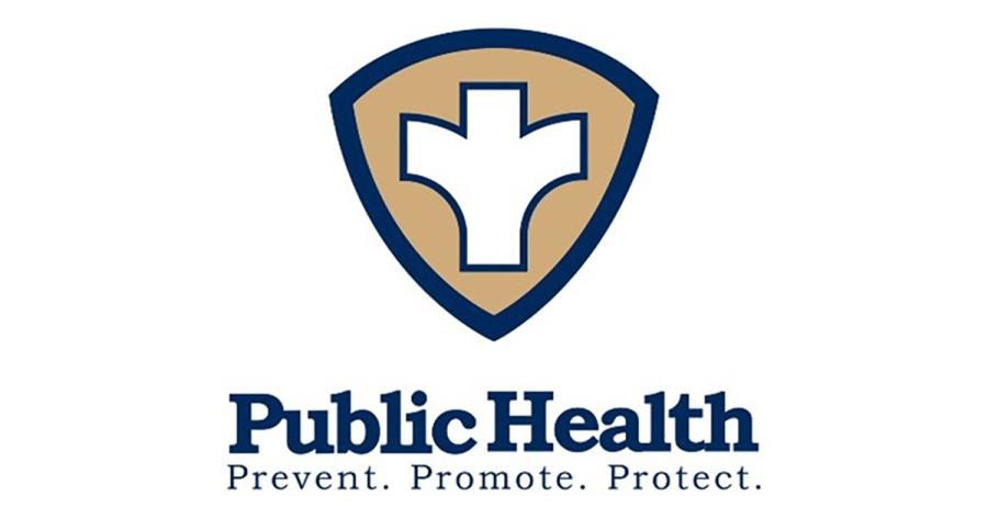 A shield, bordered in navy with an old gold face and a white shape like a Y with an extra arm coming through the middle, and the words Public Health: Prevent. Promote. Protect.