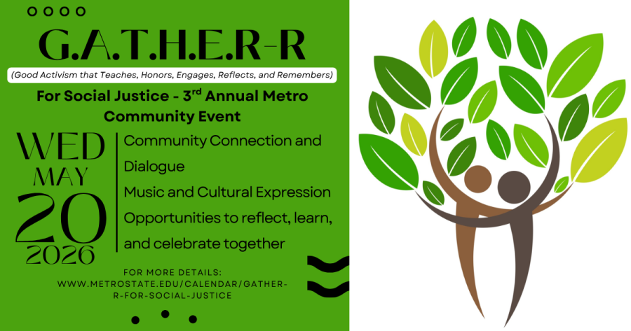 A tree image, next to G.A.T.H.E.R-R for Social Justice, Wednesday, May 20