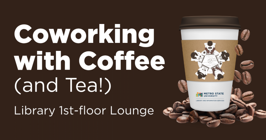 A dark brown backdrop with a coffee cup and Cowering with Coffee (and Tea) in white lettering