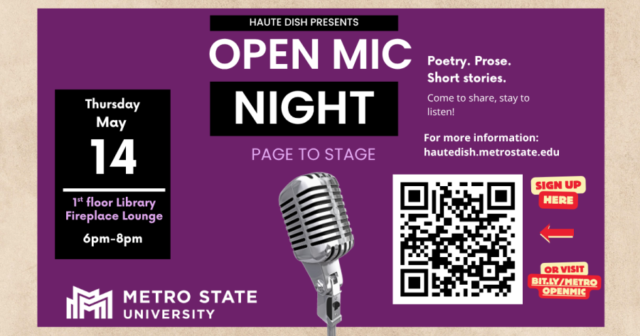 An old-style microphone against a purple backdrop. Open Mic Night