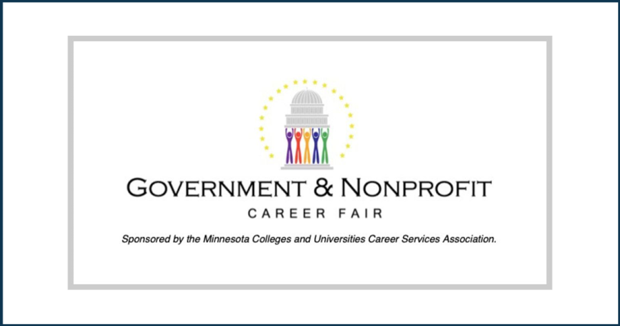 a rotunda held up by five colorful abstract figures surrounded by stars, with Government and Nonprofit Career Fair, Sponsored by the Minnesota Colleges and Universities Career Services Association underneath