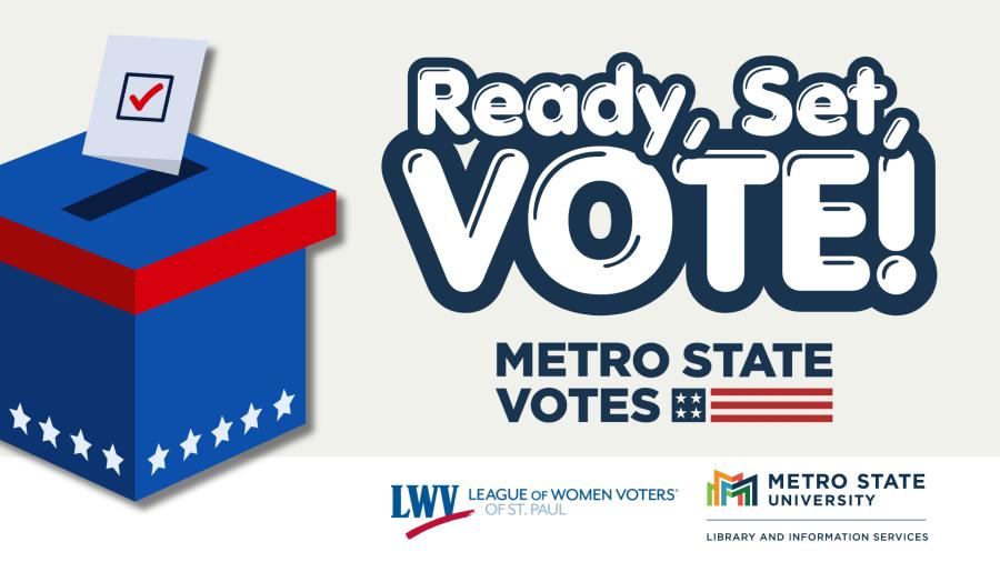 Ready, Set, Vote, with an illustrated ballot box and the Metro State Votes, League of Women Voters, and the Saint Paul Public Library logos