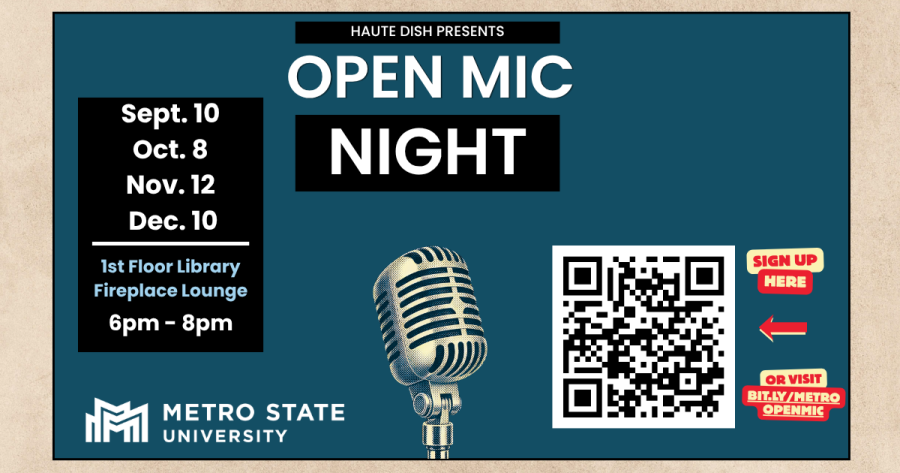 An old-style microphone against a blue backdrop. Open Mic Night