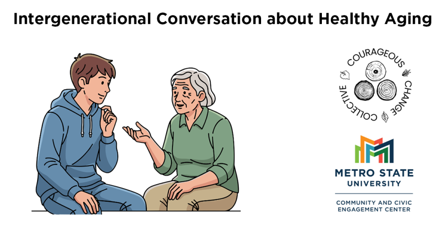 An illustration of a younger person in a blue hoodie sitting and talking with an older woman
